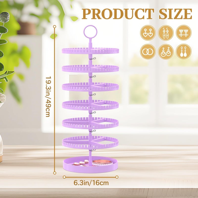 MODOWEY 6 Tier Rotating Earring Holder Organizer Display Tree with Metal Tray, Adjustable Plastic Stand with 342 Slots for Stud Hoop Hanger, Large Capacity Storage Rack for Women, Purple - Image 3